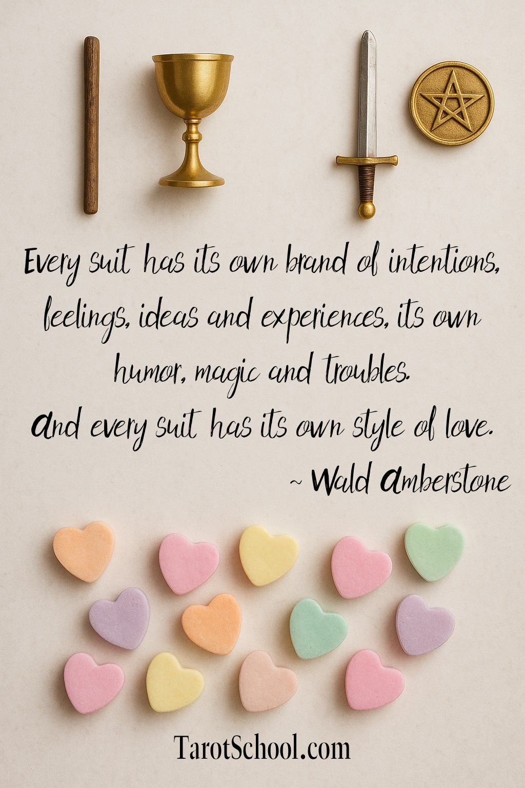 Every suit has its own brand of intentions, feelings, ideas and experiences, it's own humor, magic and troubles. And every suit has its own style of love. ~ Wald Amberstone, TarotSchool.com
