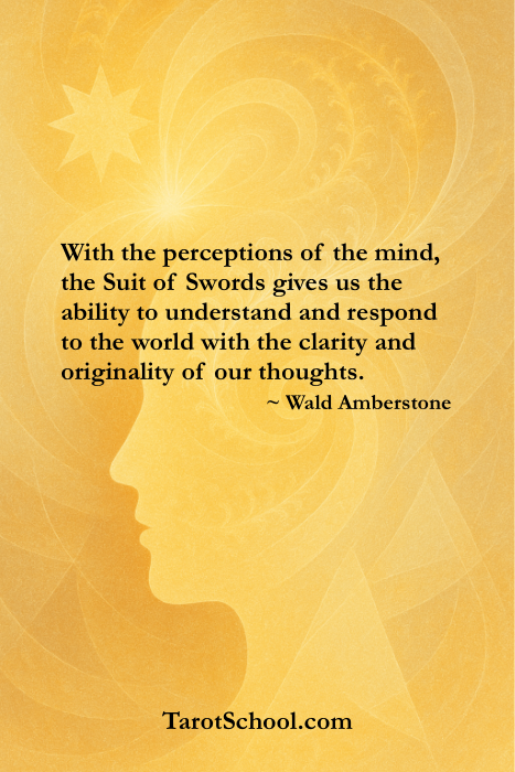 With the perceptions of the mind, the Suit of Swords gives us the ability to understand and respond to the world with the clarity and originality of our thoughts.. ~ Wald Amberstone  TarotSchool.com