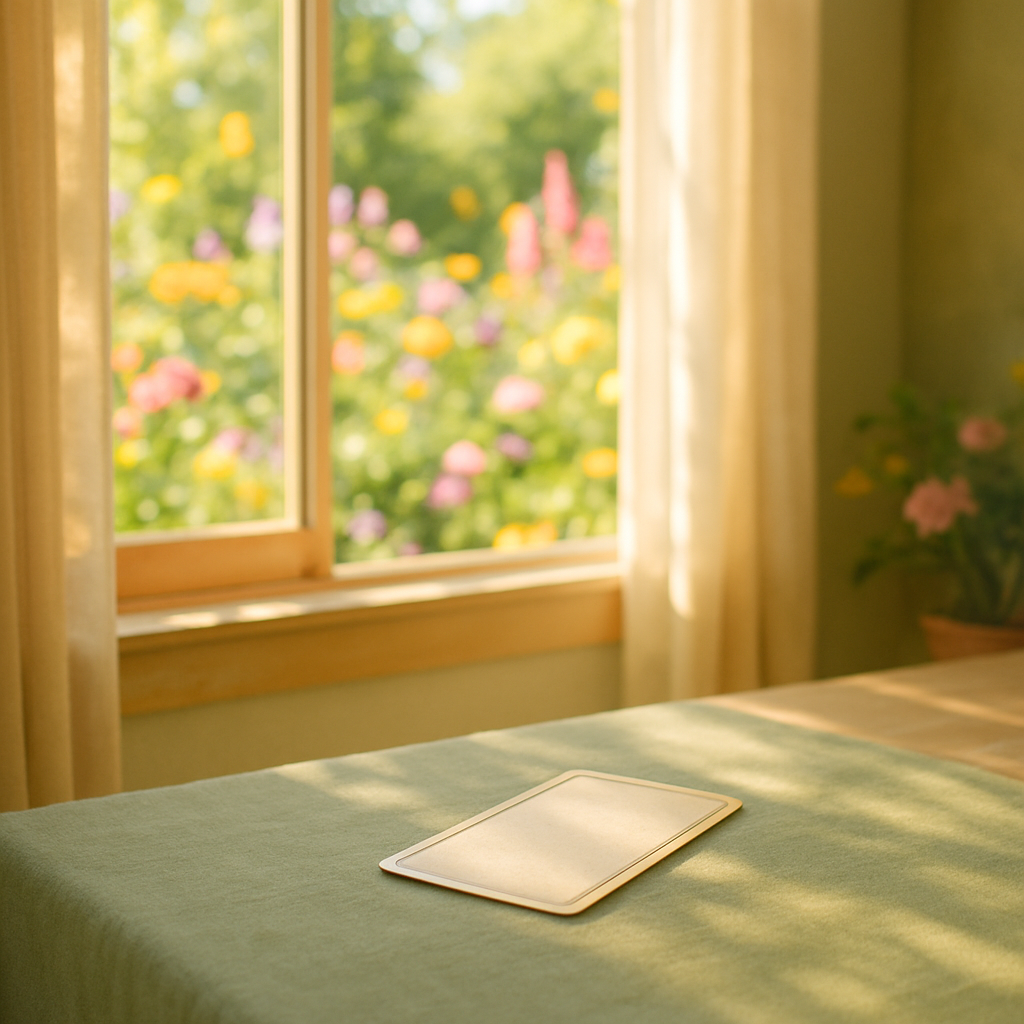 Face-down card on a table in a June floral setting.